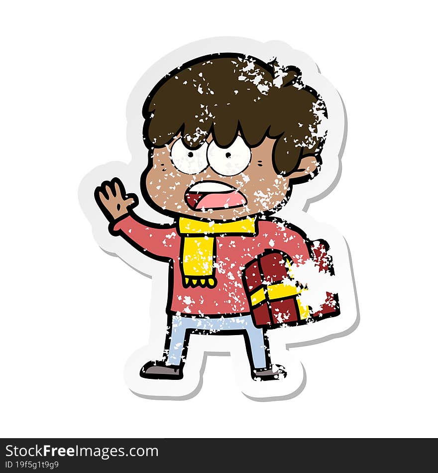 Distressed Sticker Of A Worried Cartoon Boy