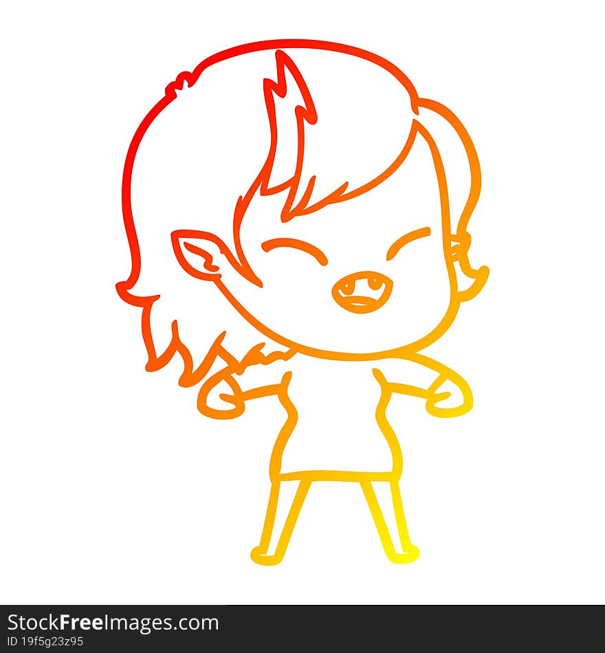 warm gradient line drawing of a cartoon laughing vampire girl