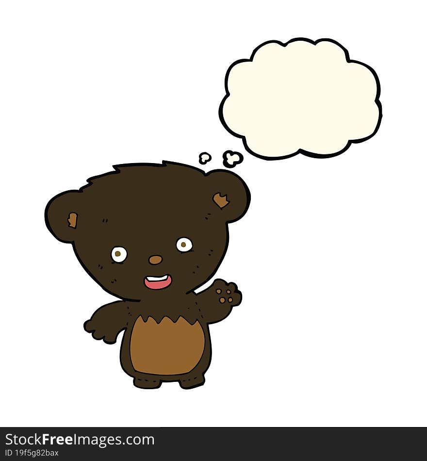 Cartoon Black Bearcub Waving With Thought Bubble