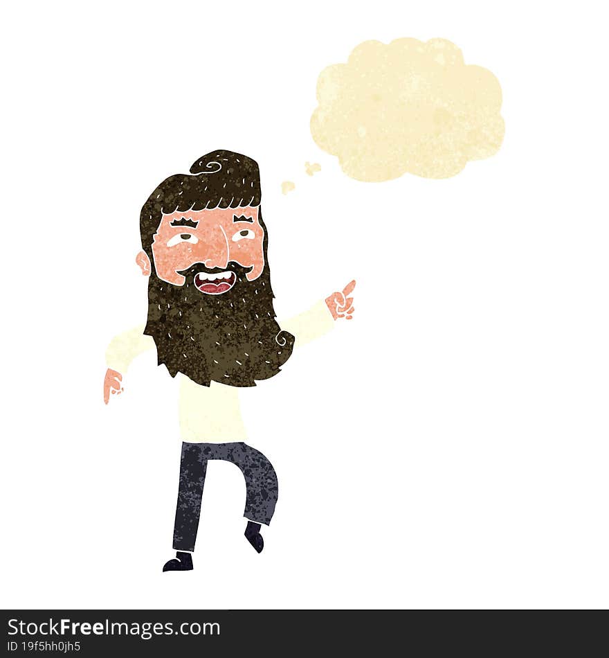 cartoon man with beard laughing and pointing with thought bubble