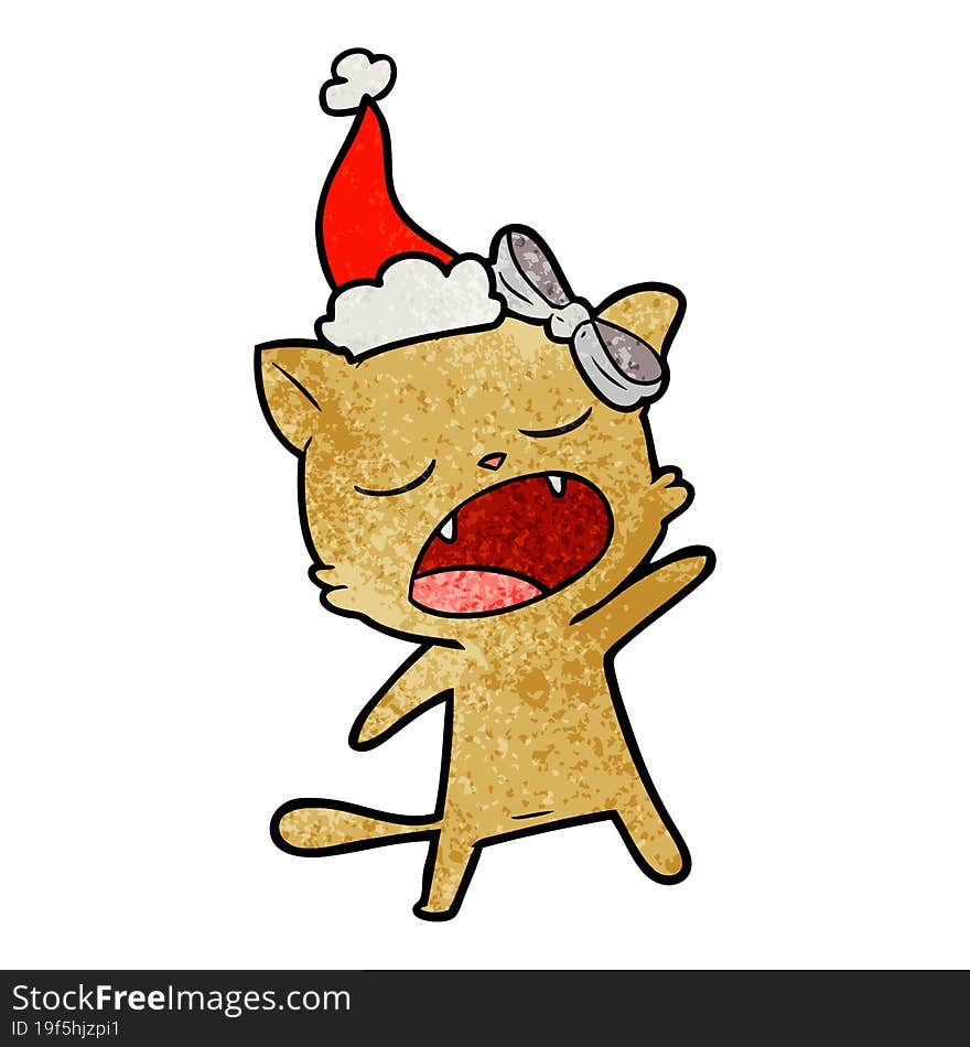 hand drawn textured cartoon of a singing cat wearing santa hat