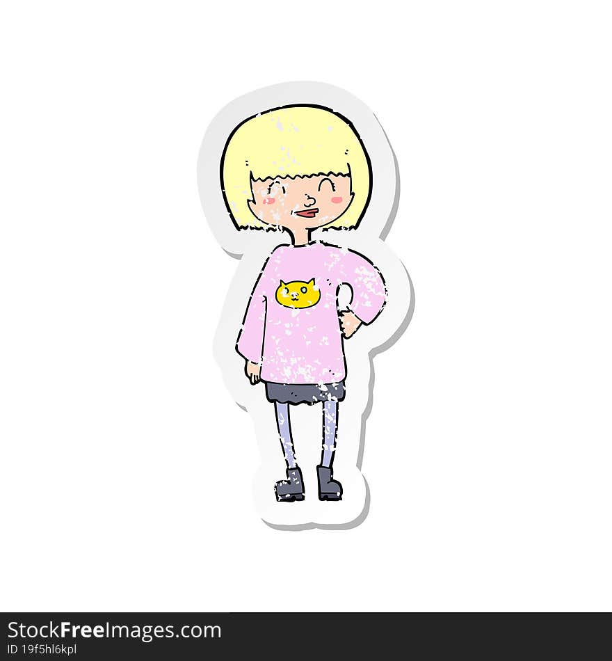 Retro Distressed Sticker Of A Cartoon Happy Girl