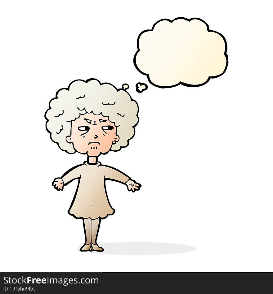 cartoon bitter old woman with thought bubble