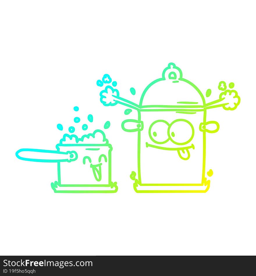 cold gradient line drawing of a bubbling pans cartoon