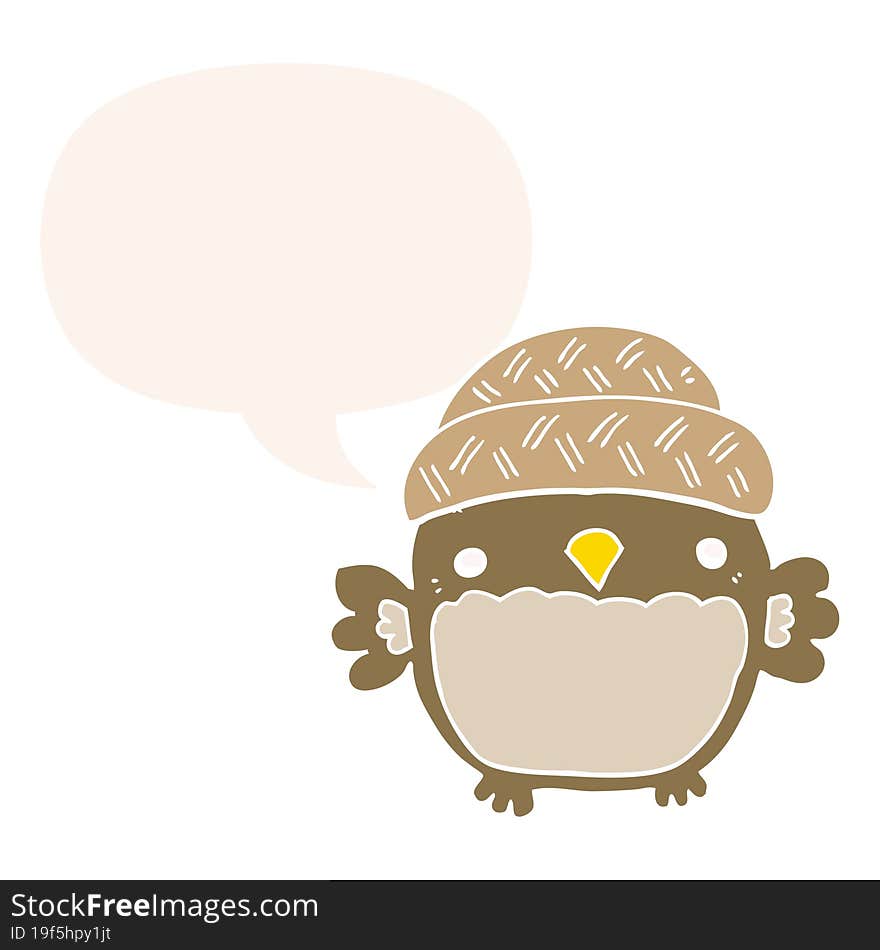 cute cartoon owl in hat and speech bubble in retro style