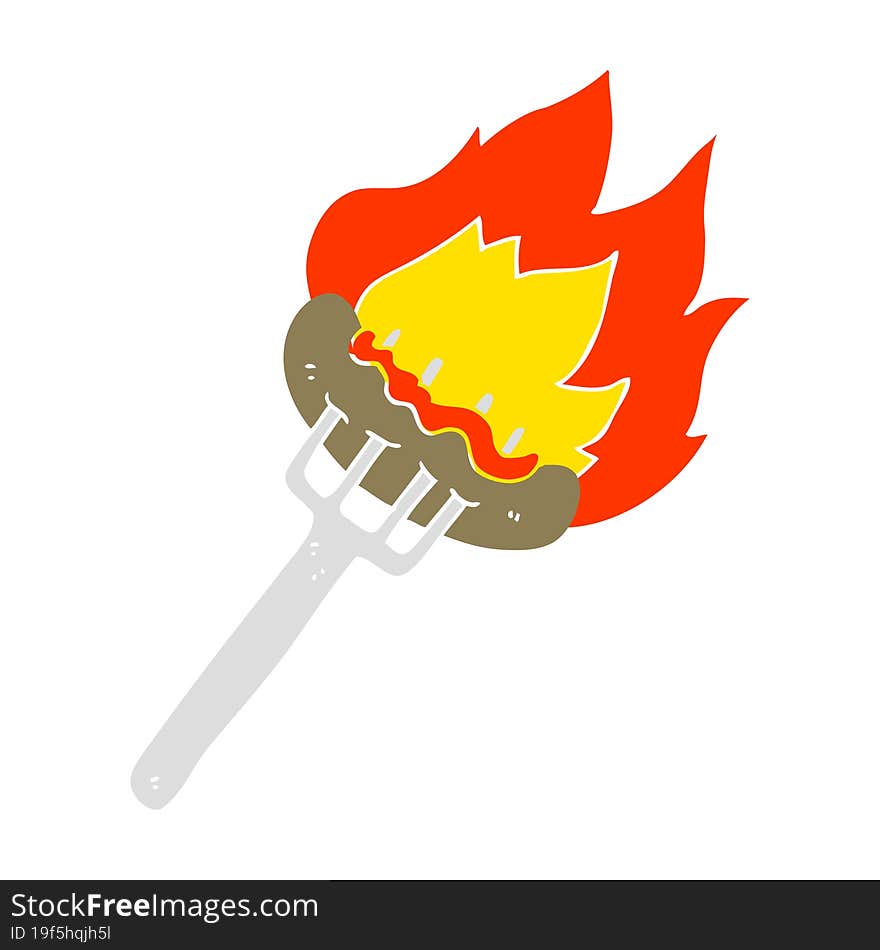 Flat Color Illustration Of A Cartoon Sausage On Fork