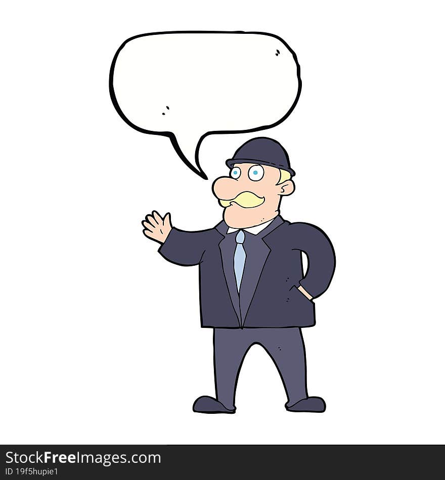 cartoon sensible business man in bowler hat with speech bubble