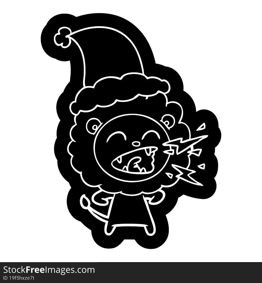 Cartoon Icon Of A Roaring Lion Wearing Santa Hat