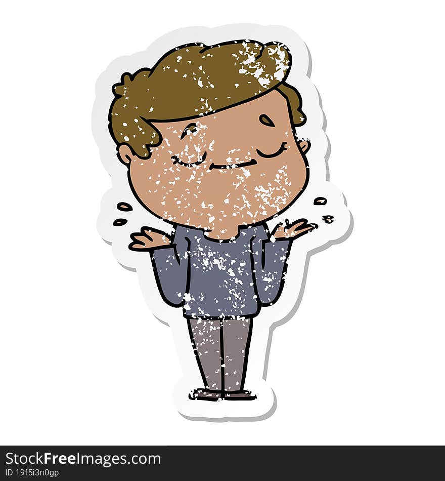 distressed sticker of a cartoon peaceful man shrugging