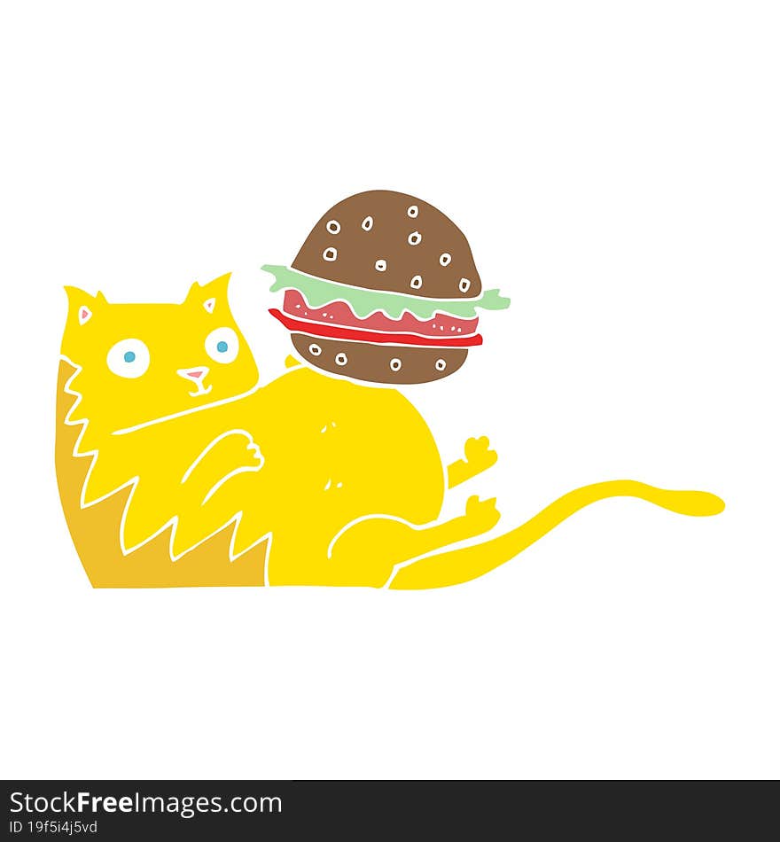 Flat Color Illustration Of A Cartoon Fat Cat With Burger