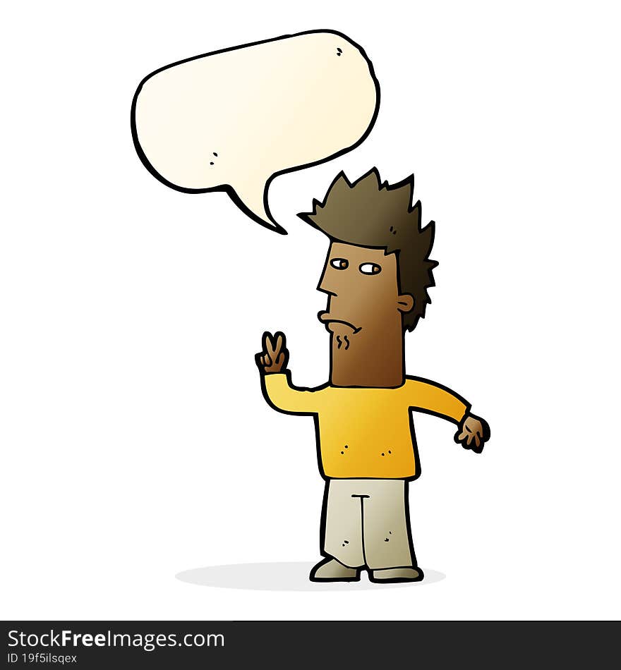 cartoon man giving peace sign with speech bubble