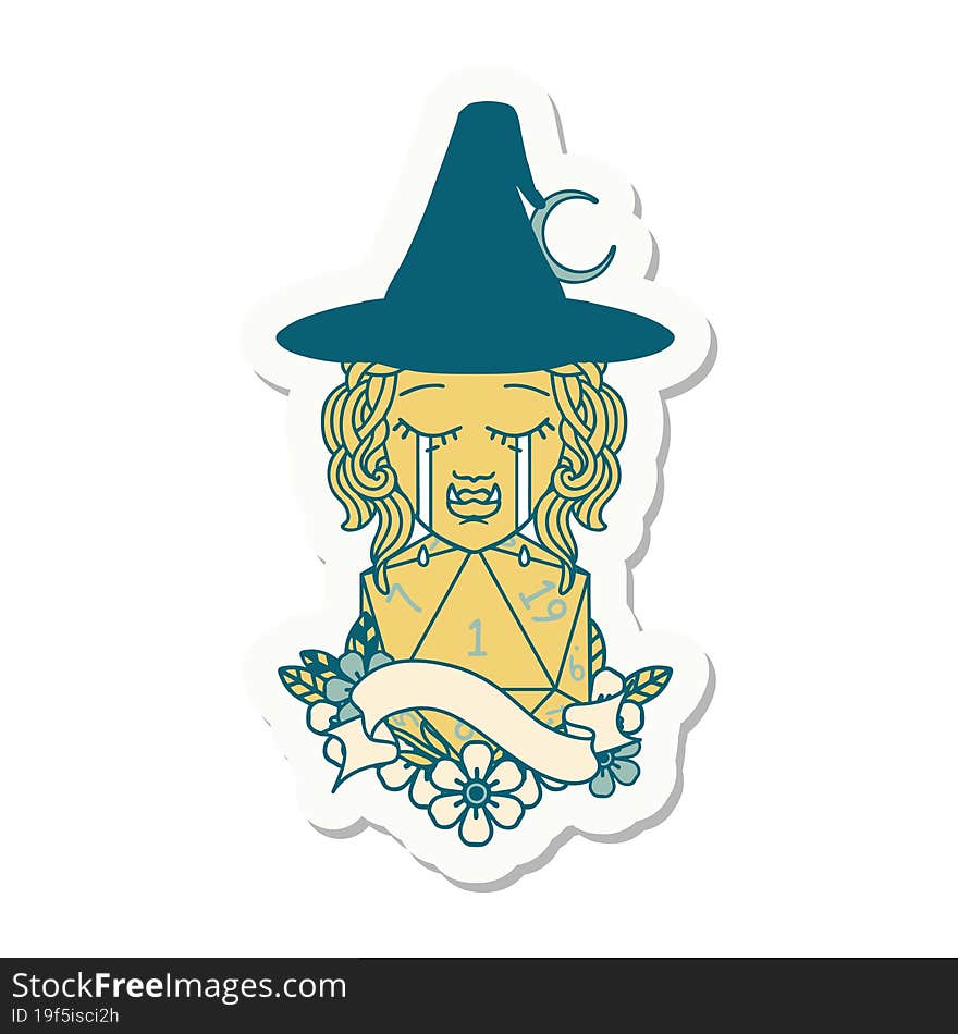 crying orc witch with natural one D20 roll sticker