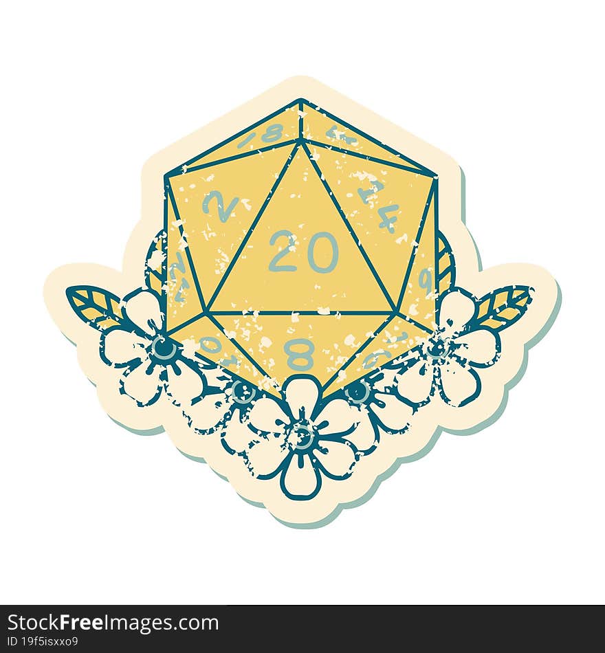 natural 20 D20 dice roll with floral elements illustration