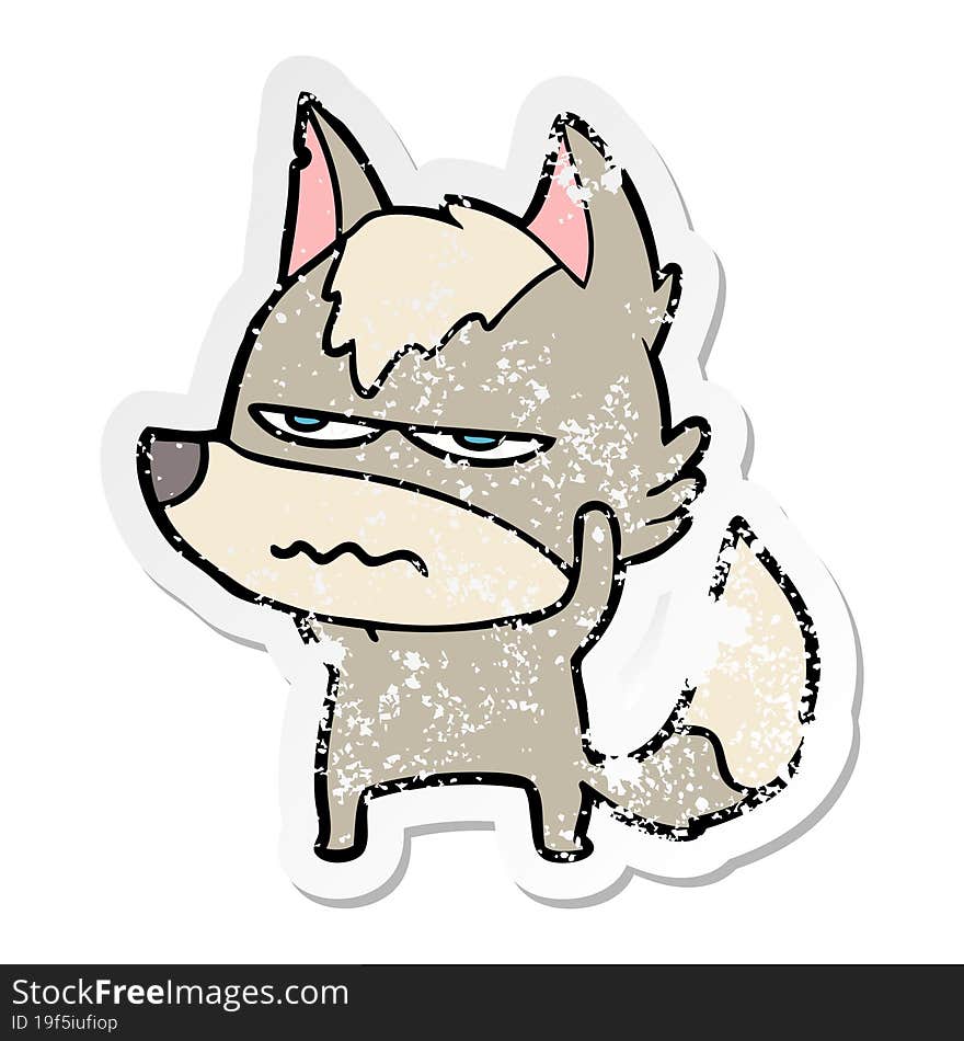 distressed sticker of a cartoon annoyed wolf