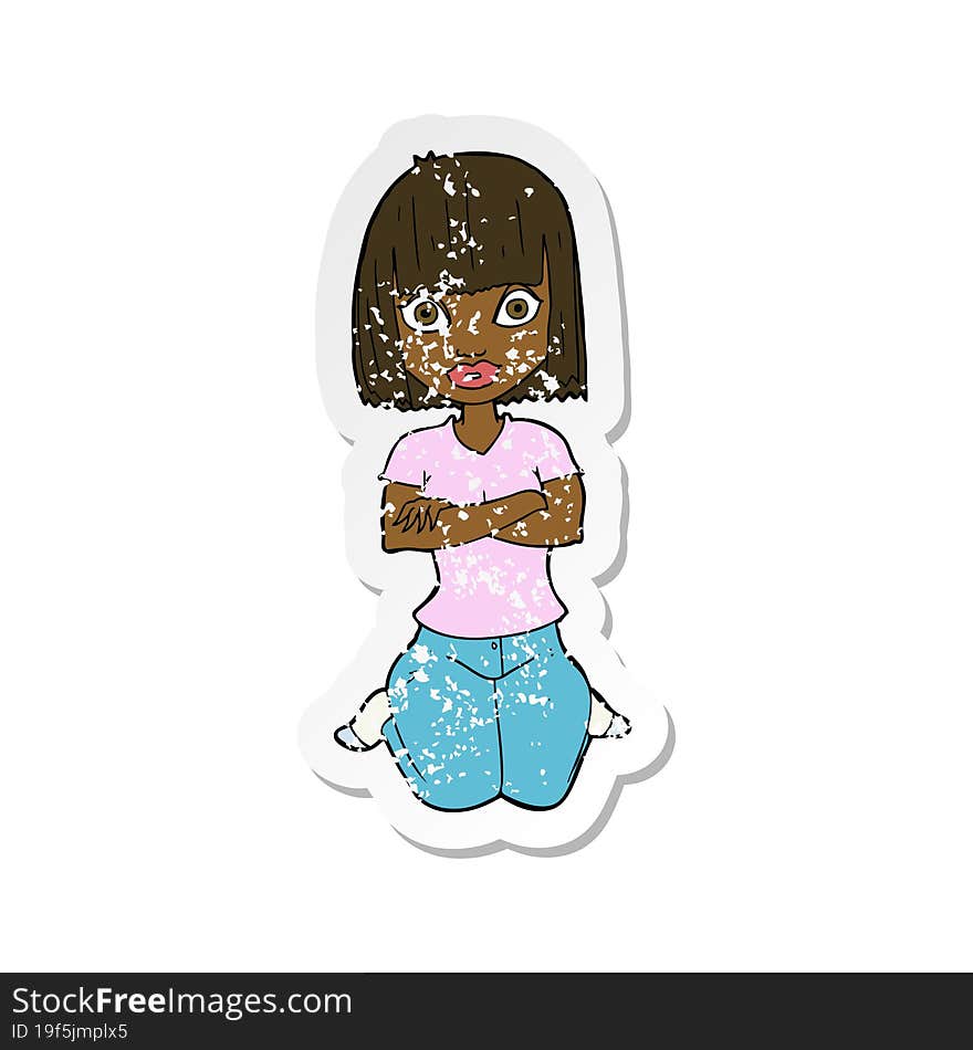 Retro Distressed Sticker Of A Cartoon Woman Kneeling