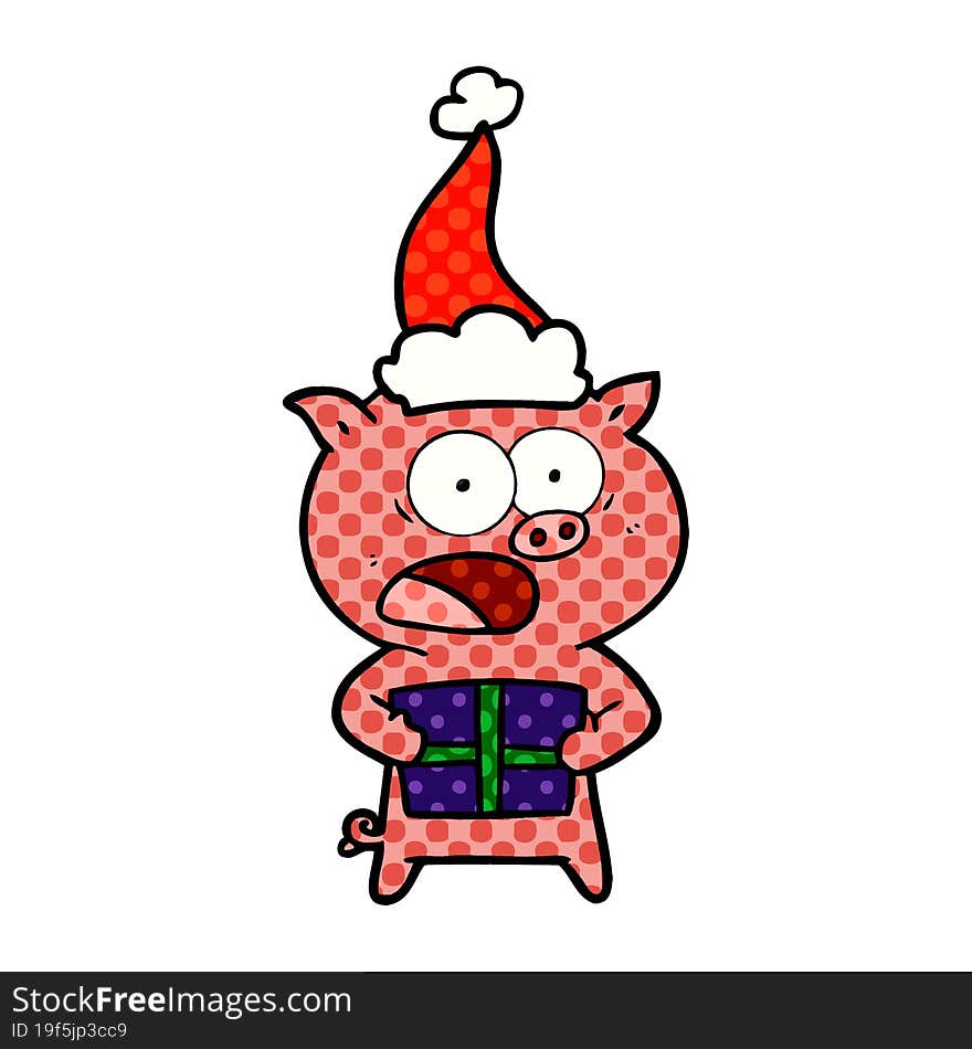 hand drawn comic book style illustration of a pig with christmas present wearing santa hat