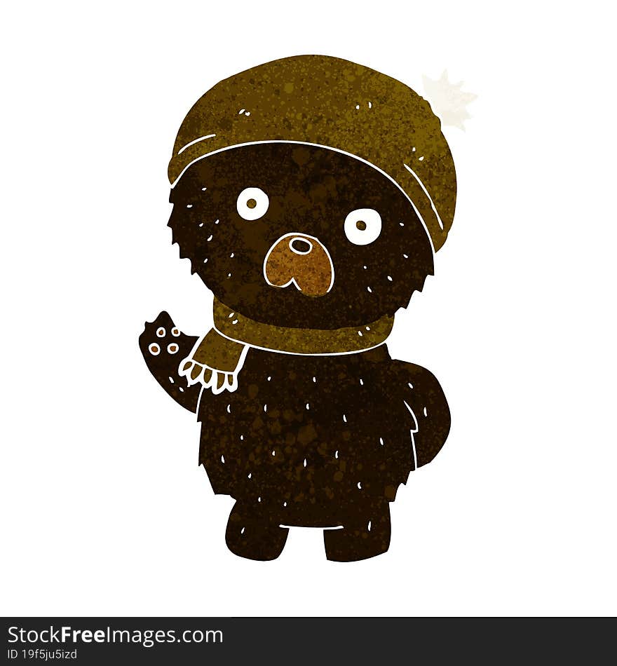 cartoon cute black bear in winter hat and scarf