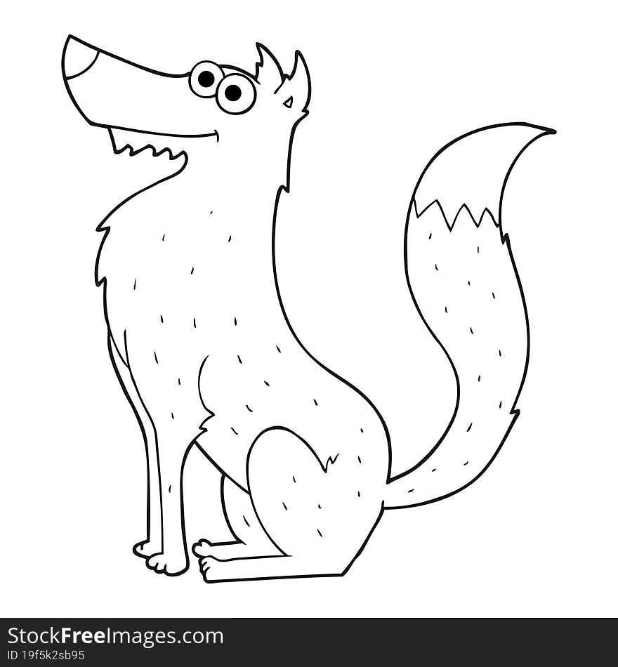 freehand drawn black and white cartoon wolf