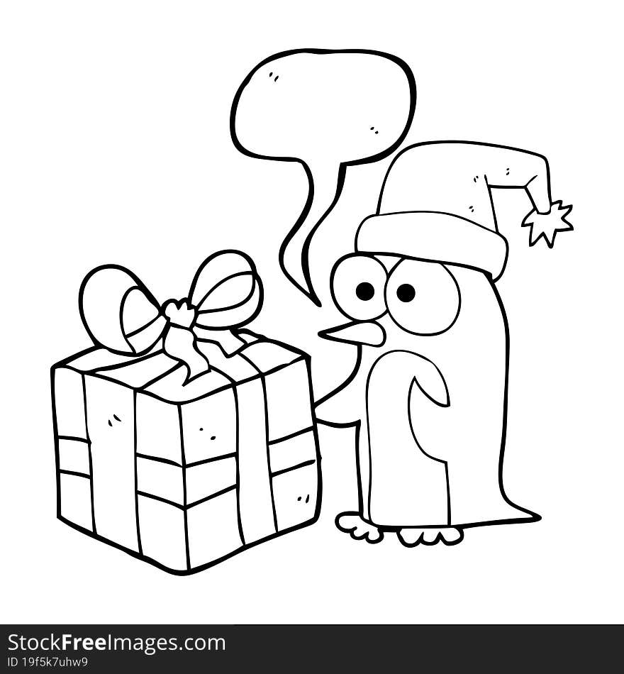 Speech Bubble Cartoon Christmas Penguin With Present