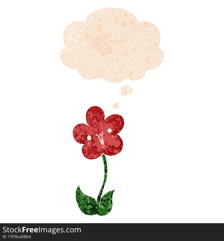 cartoon flower and thought bubble in retro textured style