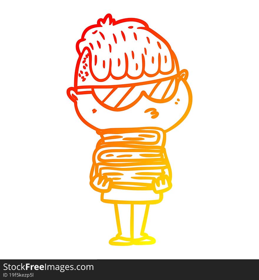 warm gradient line drawing cartoon boy wearing sunglasses with stack of books