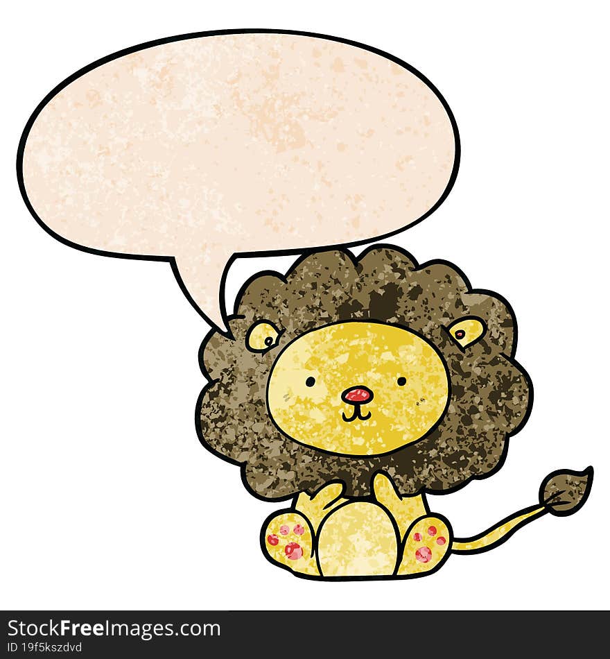 cute cartoon lion and speech bubble in retro texture style