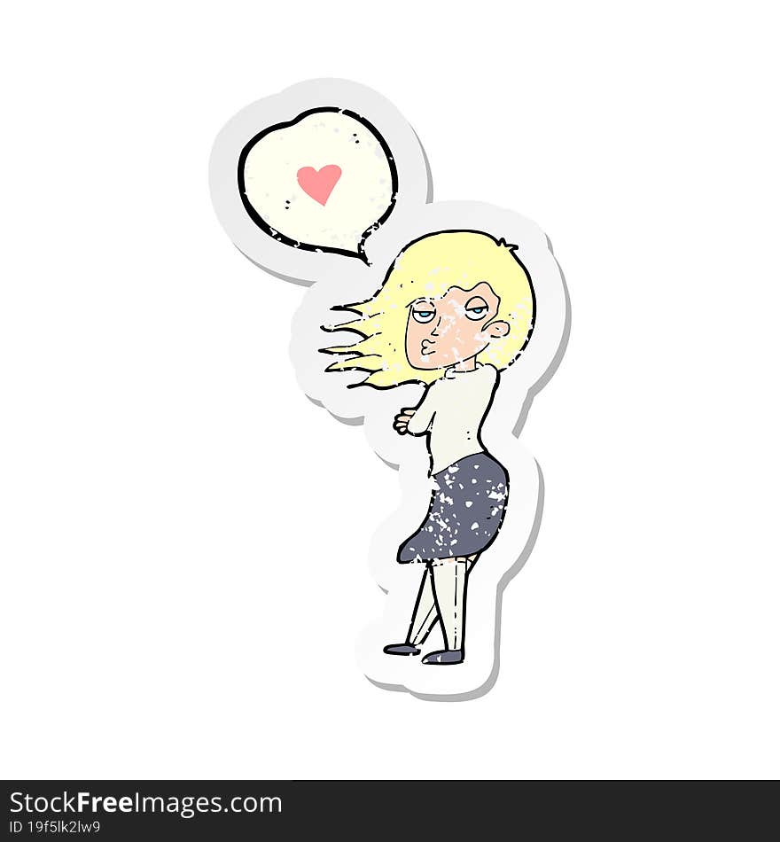 Retro Distressed Sticker Of A Cartoon Woman Talking About Love