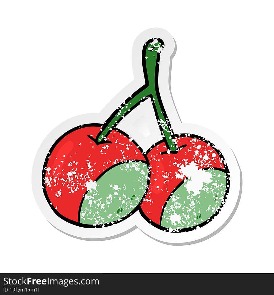 distressed sticker of a  cartoon cherries