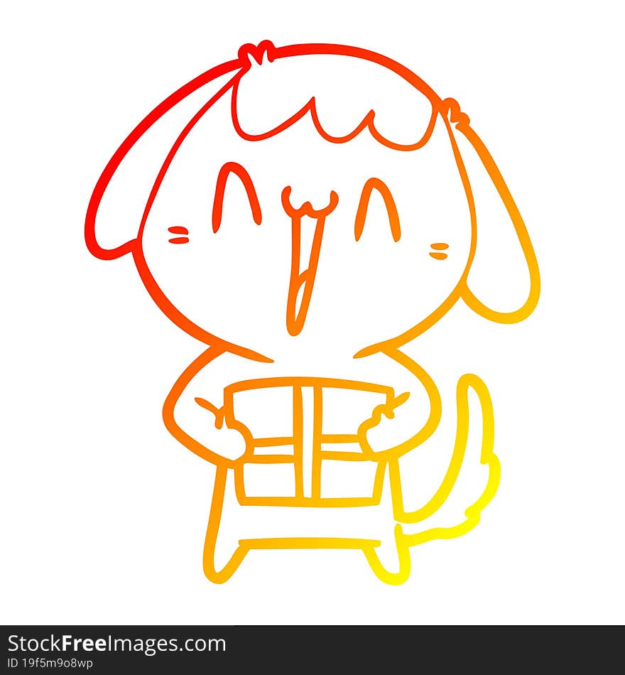 warm gradient line drawing cute cartoon dog with christmas present