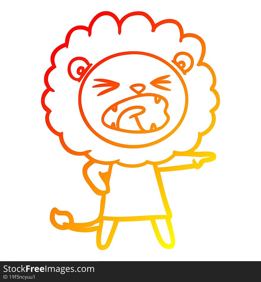 warm gradient line drawing of a cartoon angry lion in dress