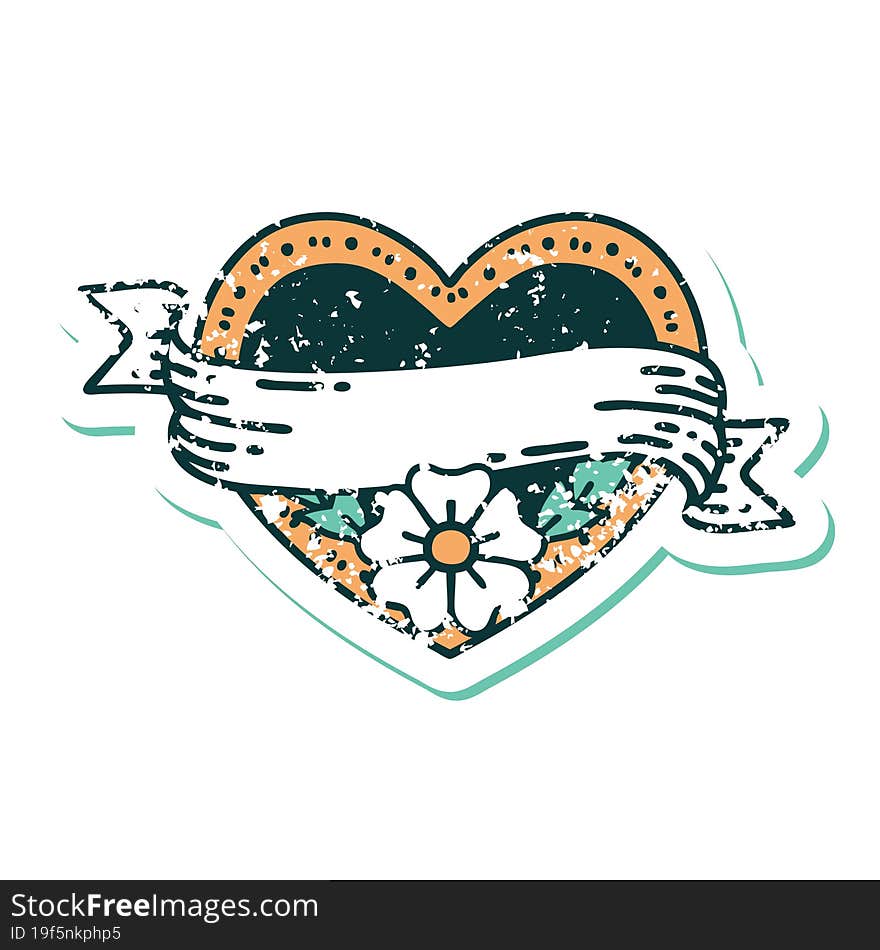 Distressed Sticker Tattoo Style Icon Of A Heart And Banner With Flowers