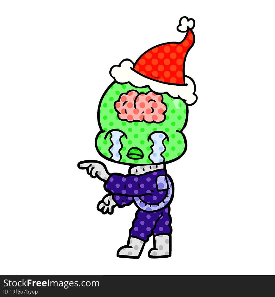 comic book style illustration of a big brain alien crying and pointing wearing santa hat