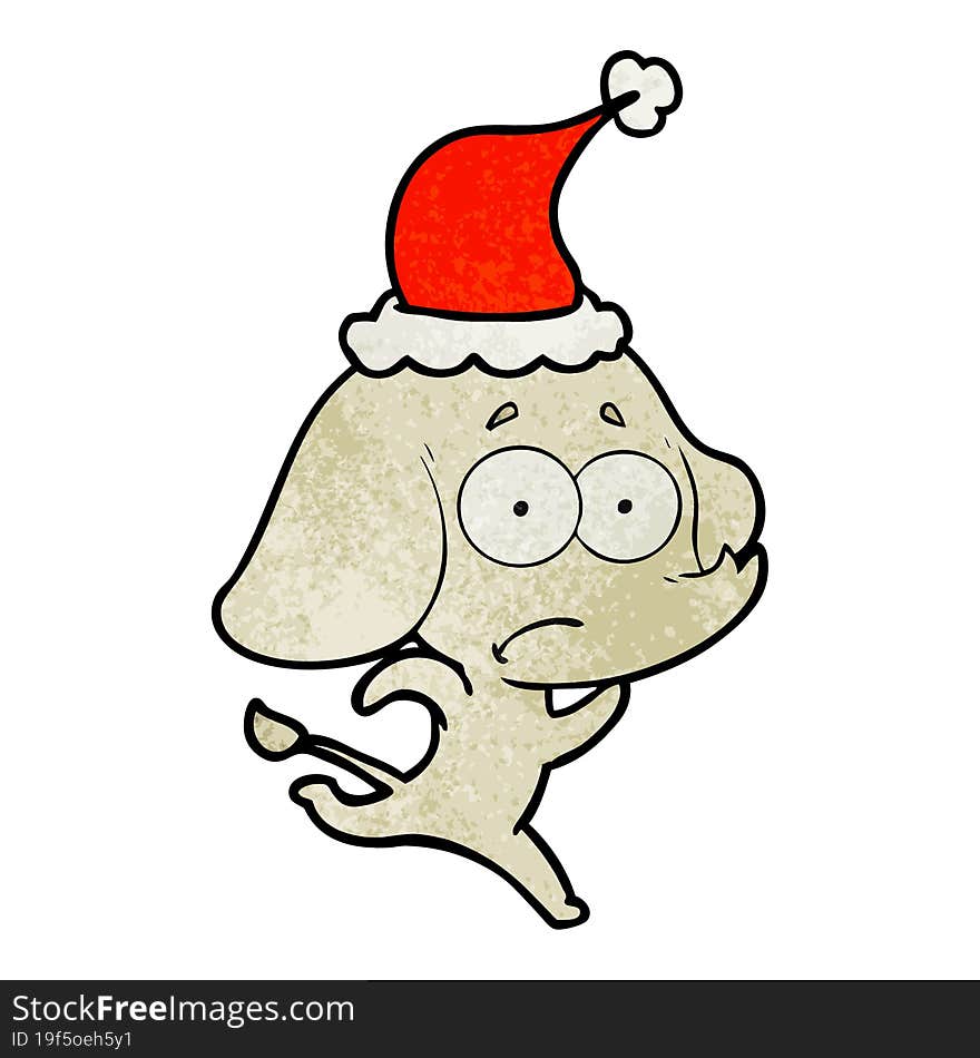 textured cartoon of a unsure elephant running away wearing santa hat