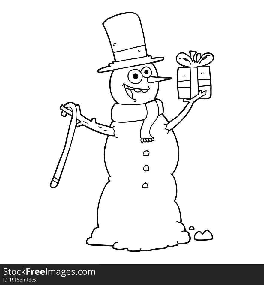 Black And White Cartoon Snowman Holding Present