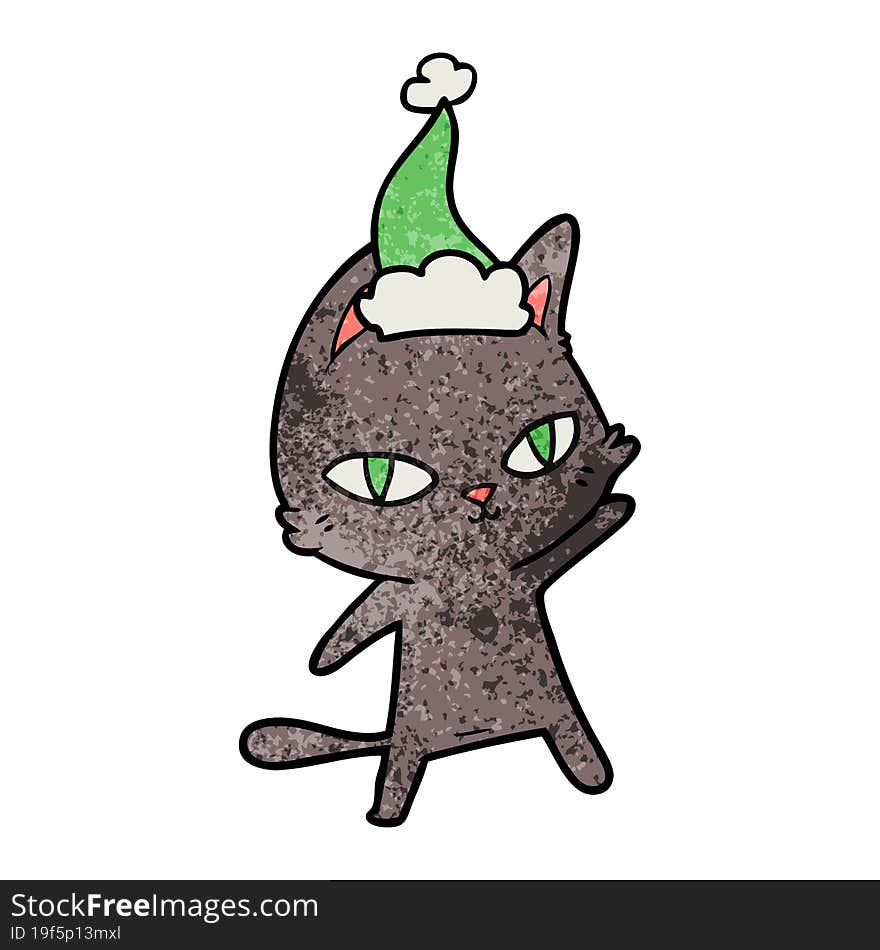 textured cartoon of a cat staring wearing santa hat