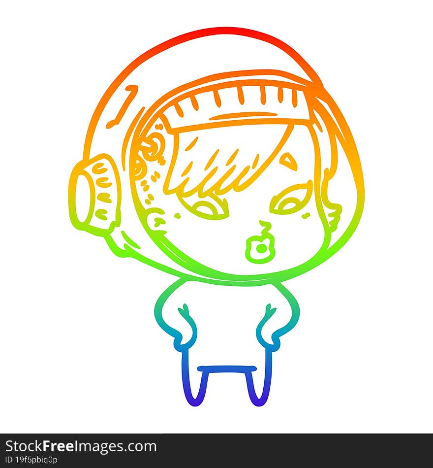 rainbow gradient line drawing of a cartoon astronaut woman