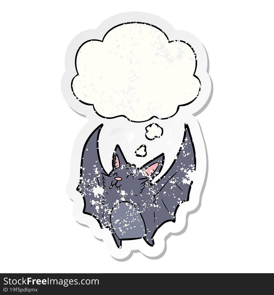 cartoon halloween bat and thought bubble as a distressed worn sticker