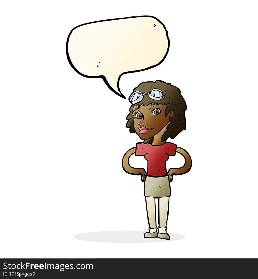 cartoon retro pilot woman with speech bubble