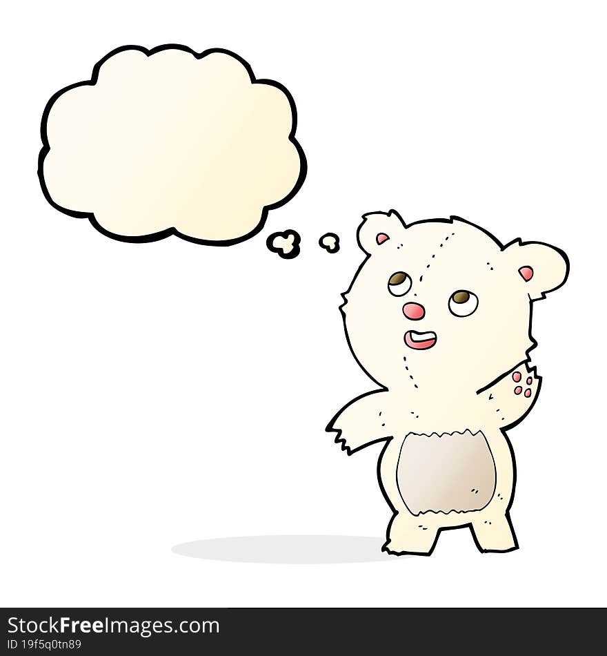 cartoon cute waving polar bear teddy with thought bubble