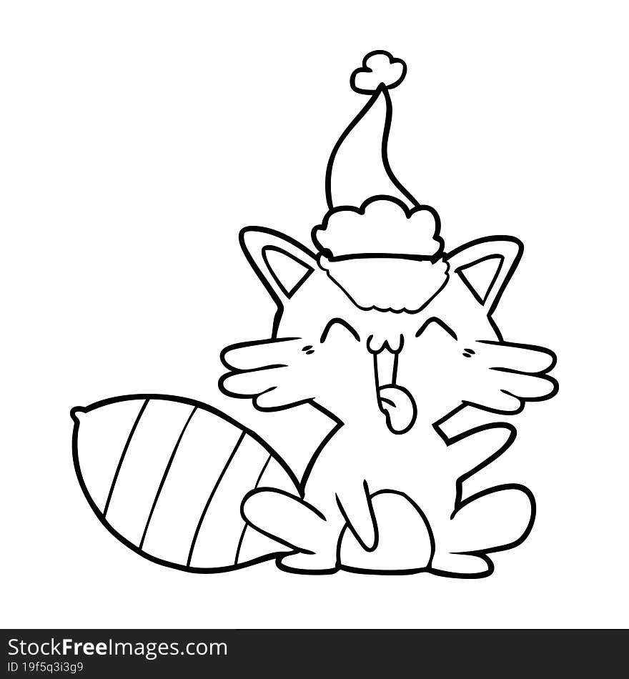 cute line drawing of a raccoon wearing santa hat