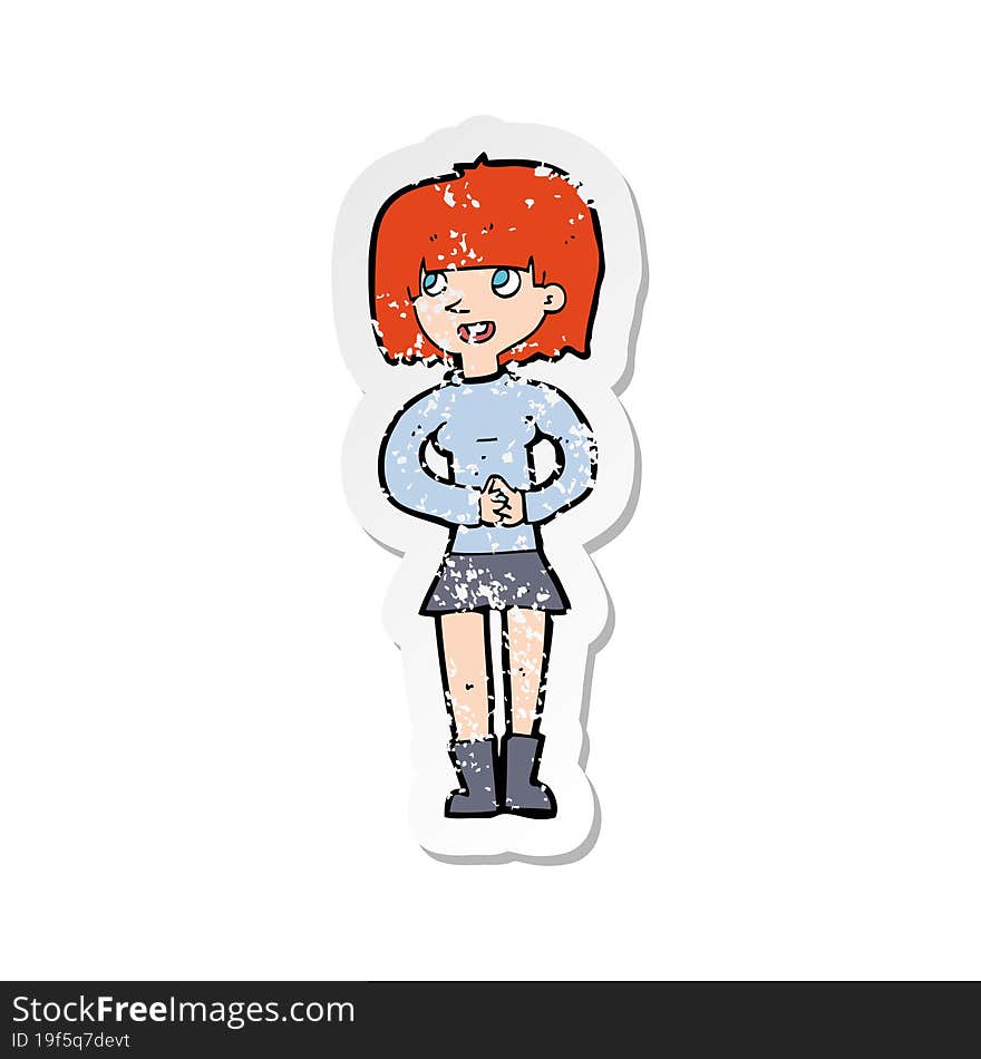 retro distressed sticker of a cartoon friendly woman