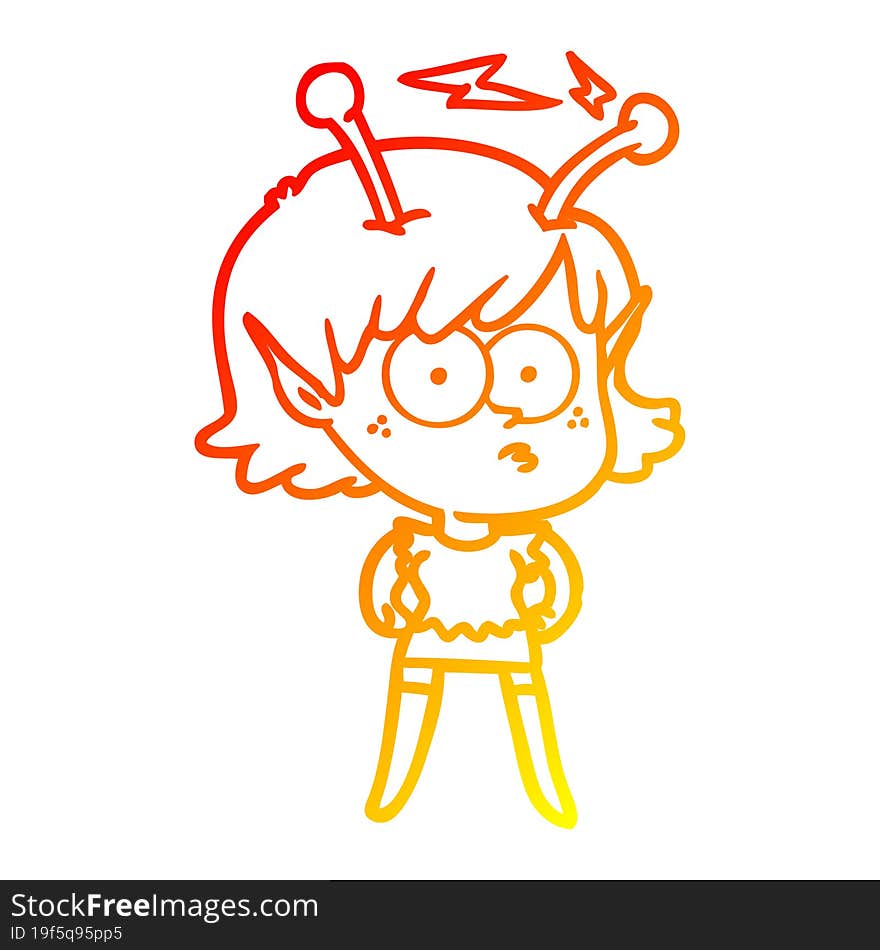 warm gradient line drawing of a cartoon alien girl