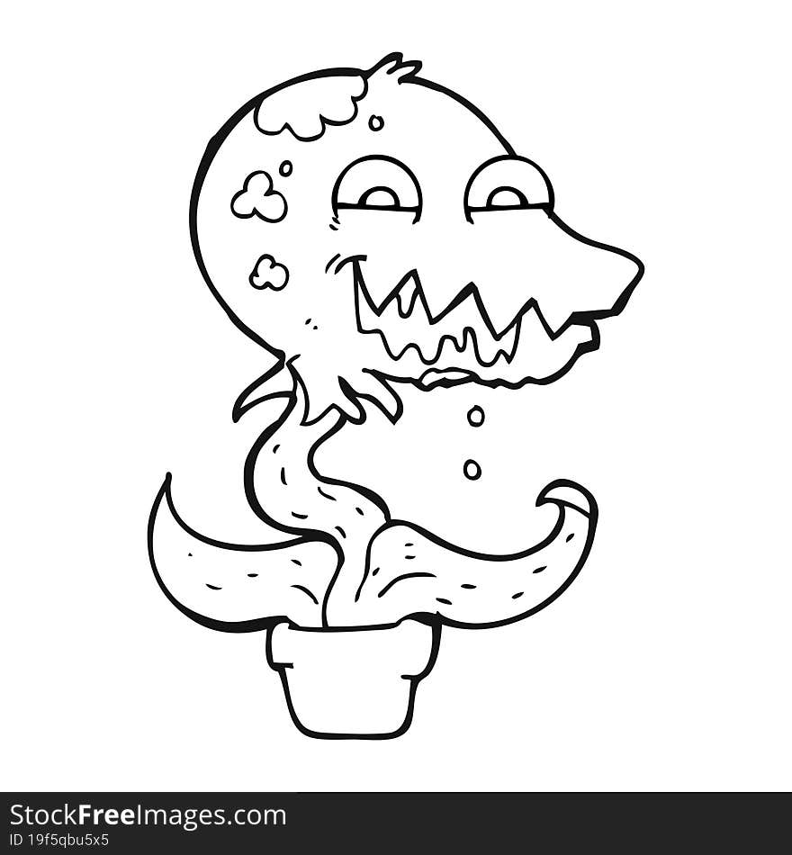 freehand drawn black and white cartoon monster plant