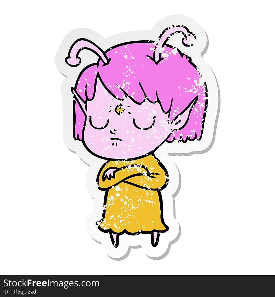 distressed sticker of a cartoon alien girl