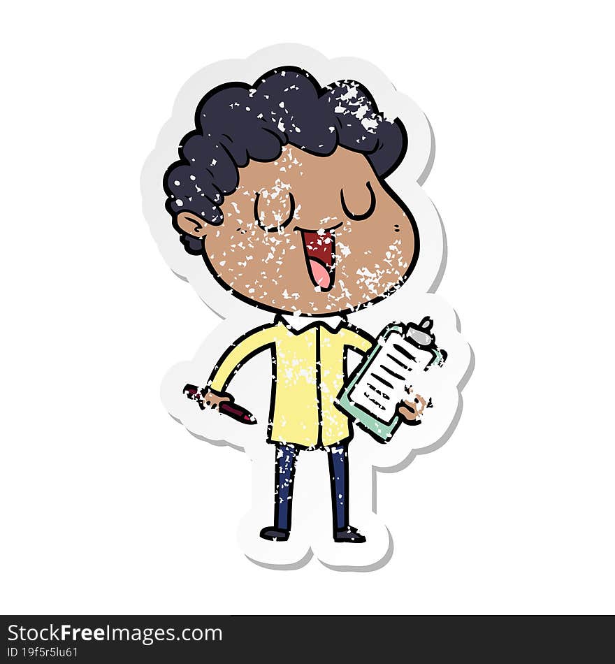 distressed sticker of a laughing cartoon man with clipboard and pen