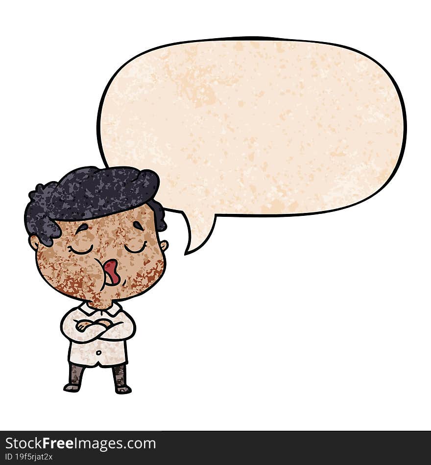 cartoon man talking and speech bubble in retro texture style