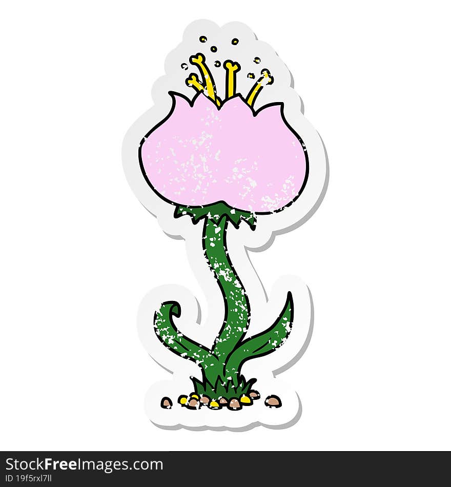 distressed sticker of a cartoon exotic flower