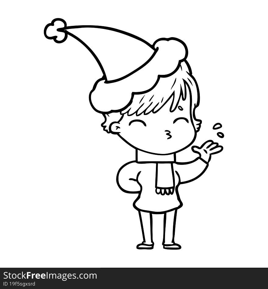 line drawing of a woman thinking wearing santa hat