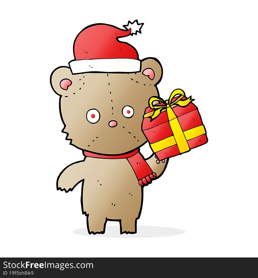 cartoon christmas teddy bear with present