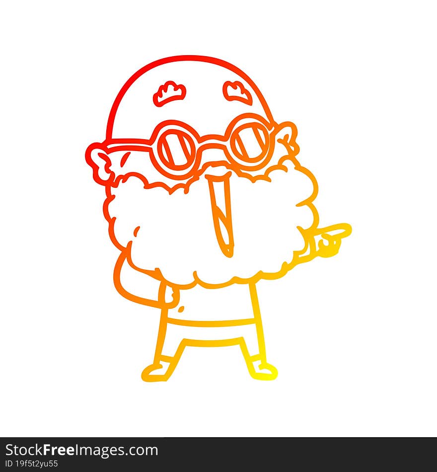 warm gradient line drawing of a cartoon joyful man with beard pointing finger